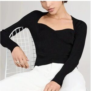 SIMKHAI Sweater Giuliana Ribbed Sweetheart Neckline Long Sleeve in Black